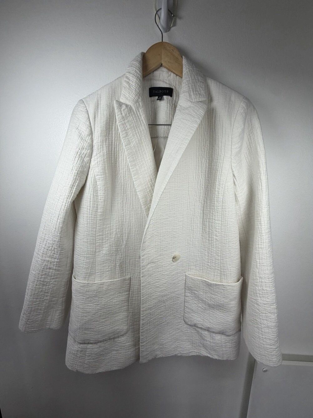 Talbots White Textured Crinkle Gauze Cotton Blazer Jacket Single Button Size 10 - Picture 12 of 12